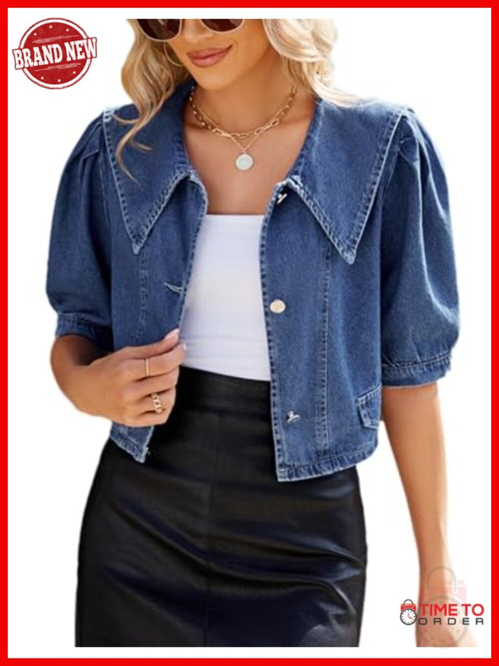 Cropped Denim Jacket Puff Sleeve Button Down Trucker Coat